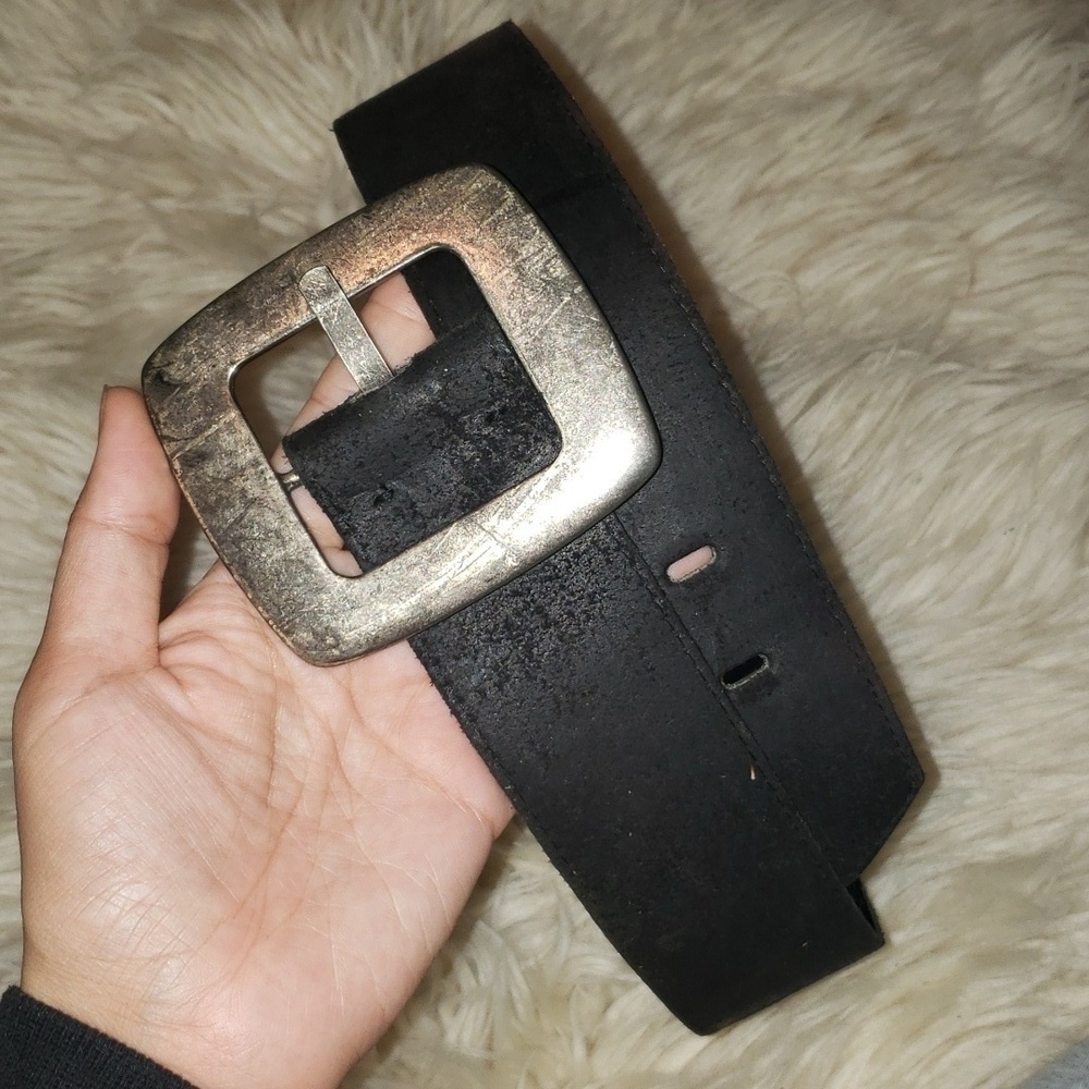 Vintage made in Canada black leather belt with large 3" silver buckle highwaist